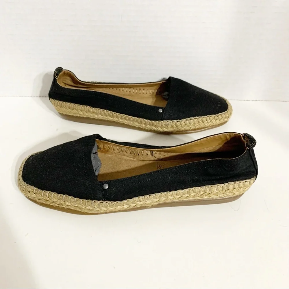 AEROSOLES StitchNTurn Slip-On Canvas Espadrilles Jute Outsole Black / Tan Summer